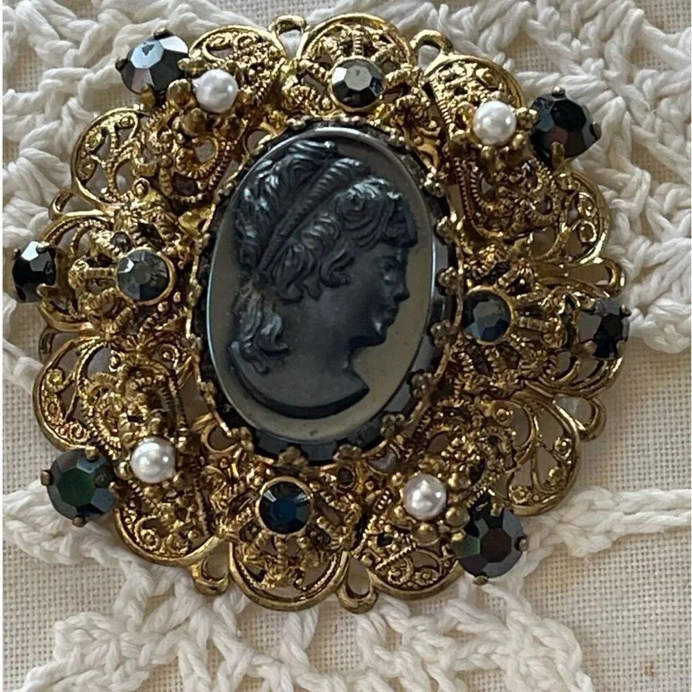 Vintage Made in West Germany black Aurora Borealis cameo Victorian revival.
